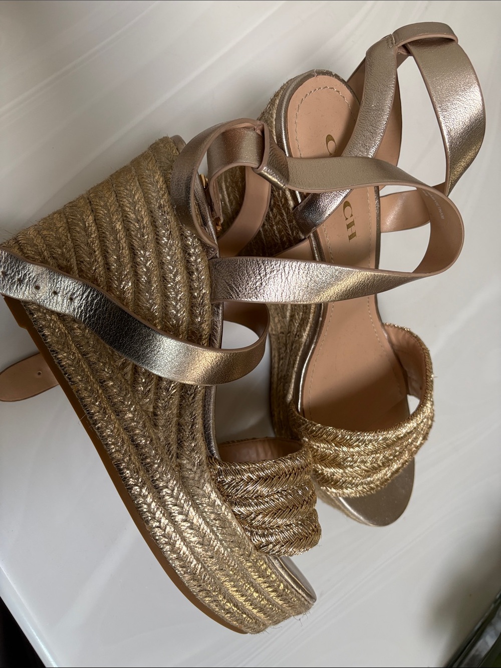 Coach Metallic Gold Braided Espadrille Wedge Sandals